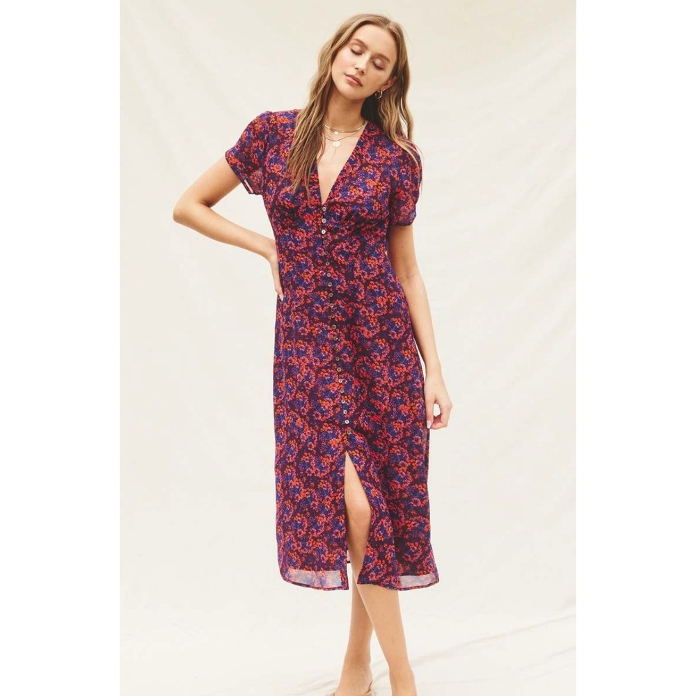 Dress Forum Short Sleeve Floral Button Front Midi Dress in Purple Red Size S NWT